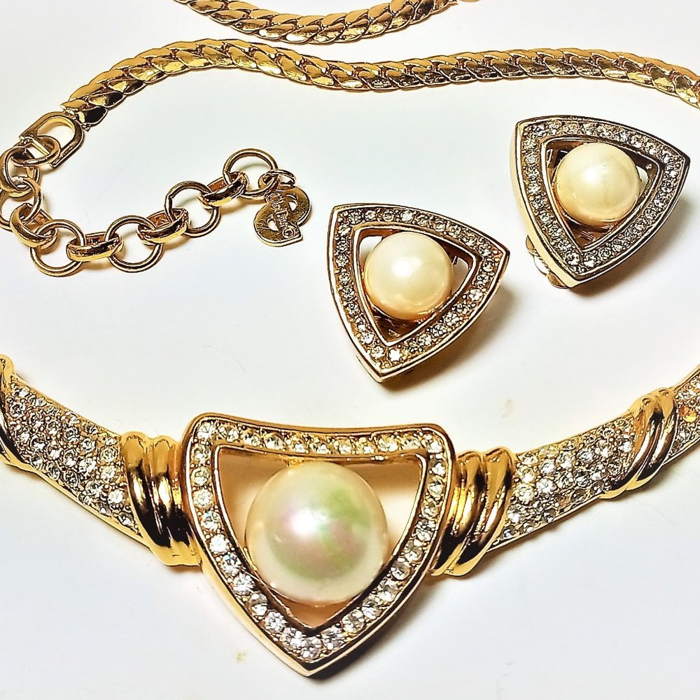 Vintage Dior Faux Pearl Pave Necklace and Earring - Picture 9 of 10